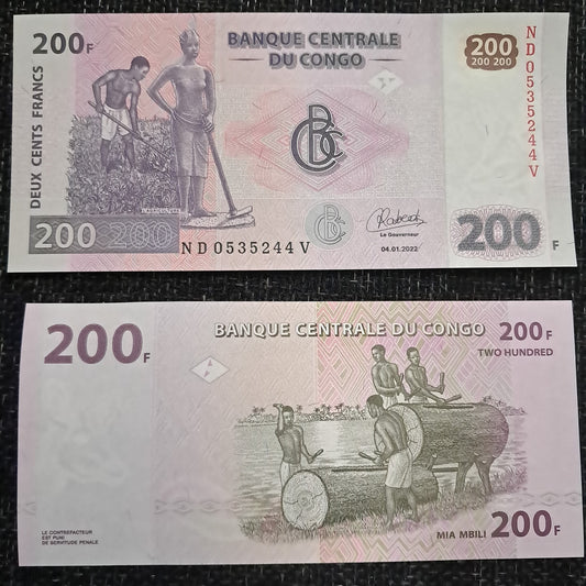 Note K 10 Congo 200 Francs 2022 UNC